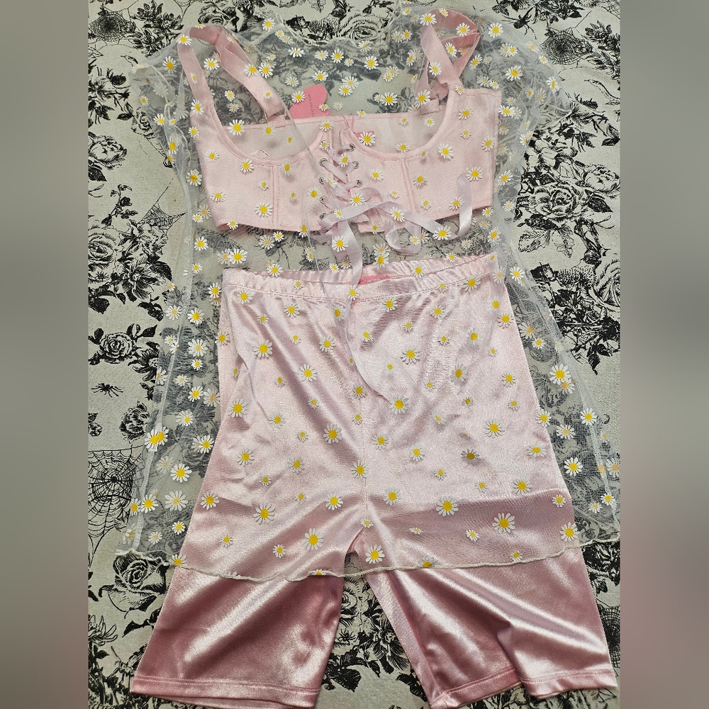 Dolls Kill Sugar Thrillz Pink Satin Underbust & Biker Shorts +Extra Mesh Flower - Picture 12 of 12